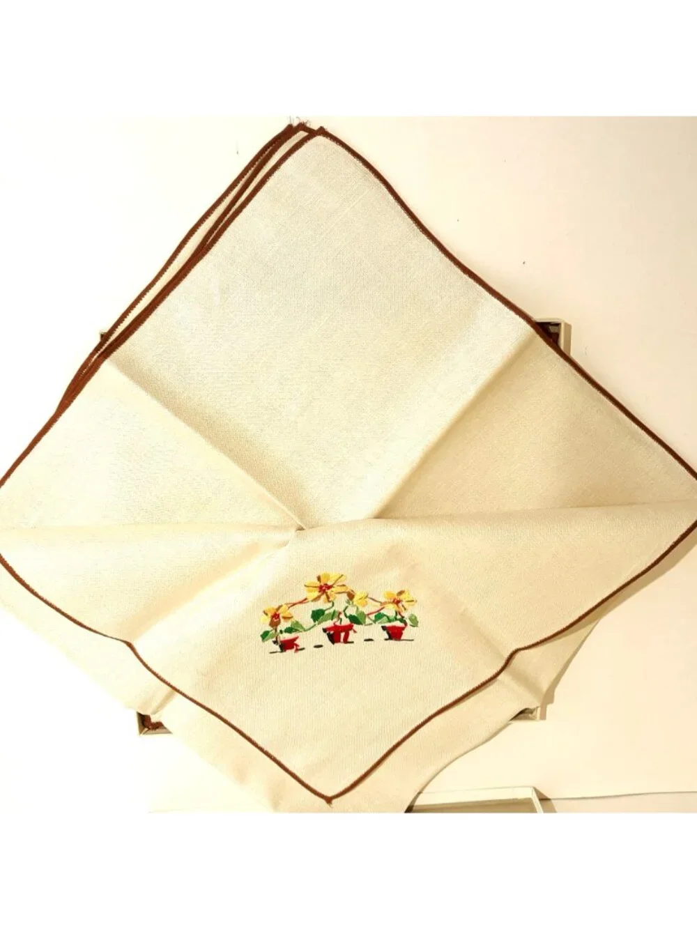 Vintage Embroidered Floral Linen Tablecloth w 4 Napkins Brown Trim & Potted Yell